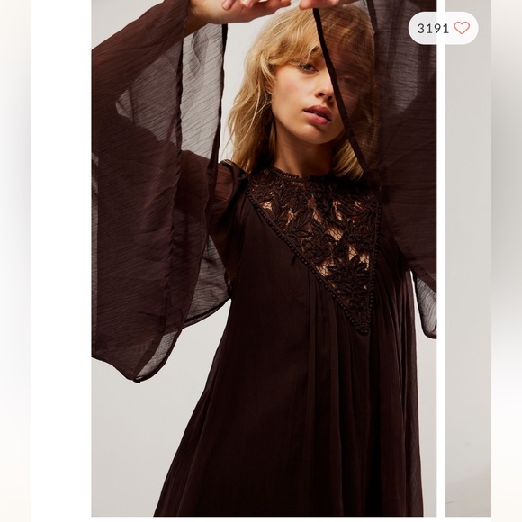 Free People Sunshine Of Love Crochet Neck Sheer Statement Sleeve Mini Dress XS - Picture 3 of 7